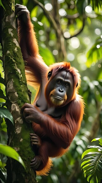 un orangutan est sur un arbre avec une branche d'arbre