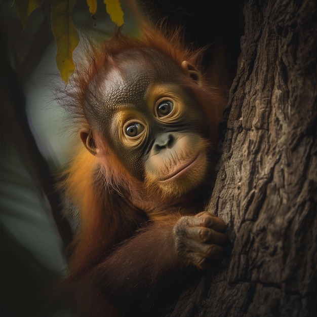 Photo un orangutan est assis dans un arbre et regarde la caméra