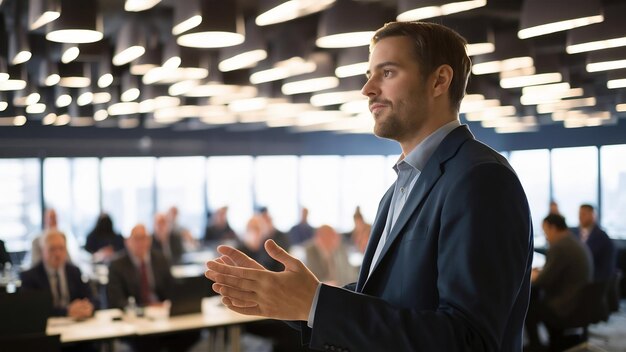 Photo orateur lors d'une réunion d'affaires dans la salle de conférence