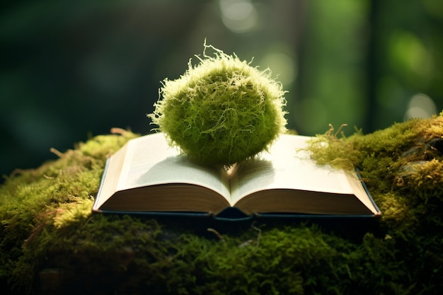 Orbe de mousse sur un livre ouvert dans la forêt luxuriante