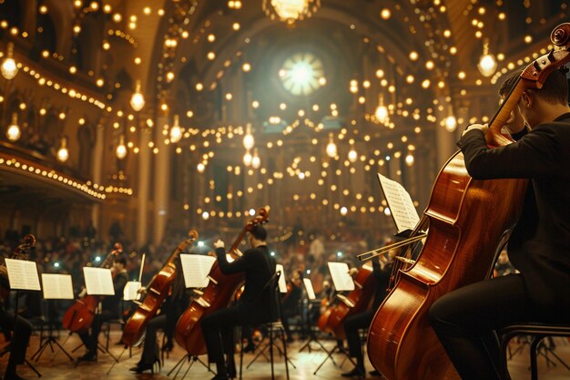 Un orchestre classique se produit dans une grande salle.