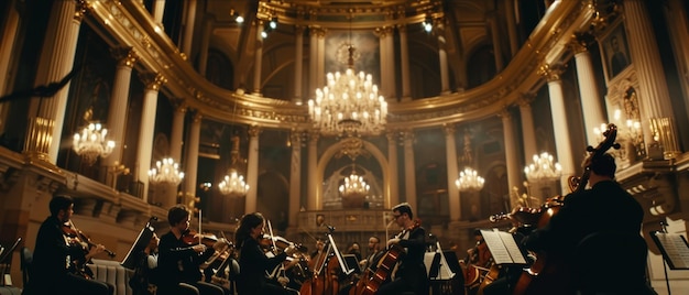 Un orchestre joue avec passion dans une magnifique salle de concert.