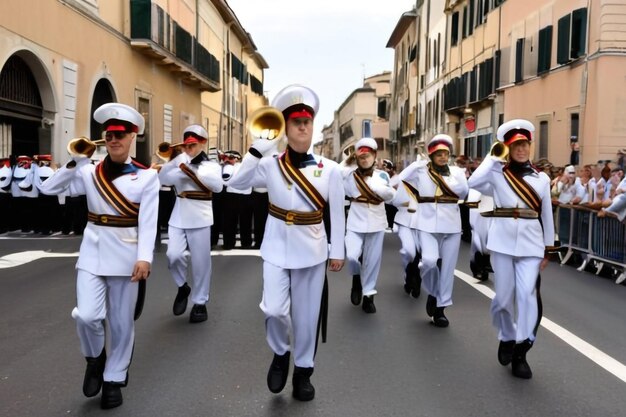 L'orchestre de la marine italienne joue pendant le défilé.