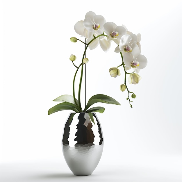 Orchidée blanche élégante dans un vase argenté réfléchissant sur un fond blanc adapté à un complexe