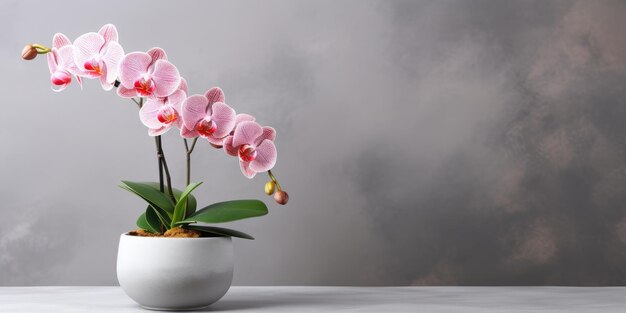 orchidée dans un pot de fleurs sur un fond clair branche à fleurs fond de marbre IA générative
