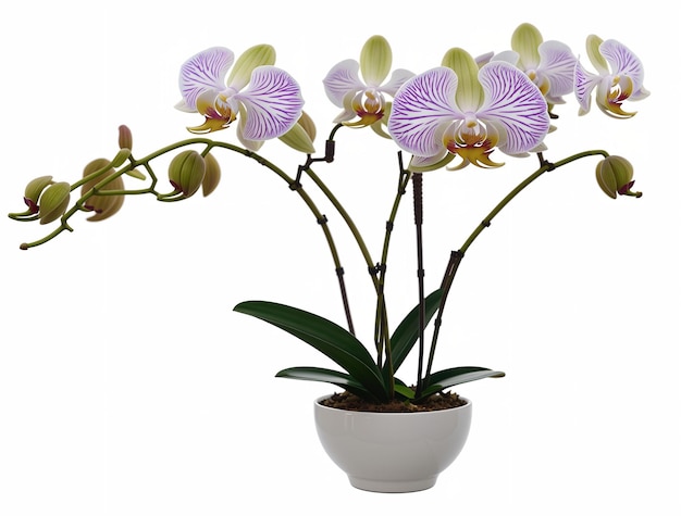 Orchidée dans un pot sur fond blanc