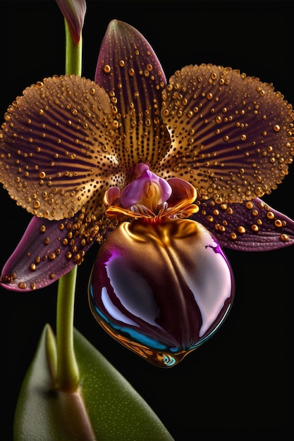 Orchidée or violet Brillant Goutte de rosée Haute définition Ai générative