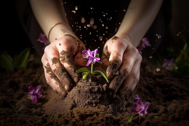 Une orchidée avec une paire de mains la plantant dans le sol