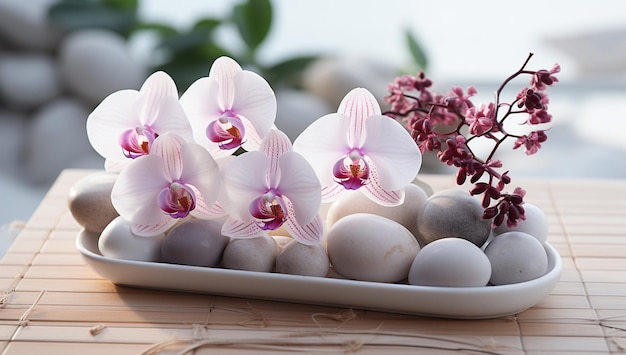 Orchidée et pierres une douce fusion d'éléments naturels