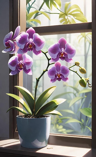 Photo une orchidée pourpre dans un pot bleu avec un signe qui dit orchidée