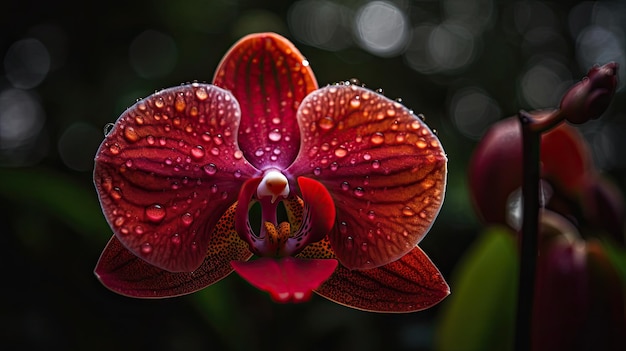 Une orchidée rouge avec des gouttelettes d'eau dessus