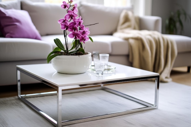 Photo une orchidée sur une table basse blanche