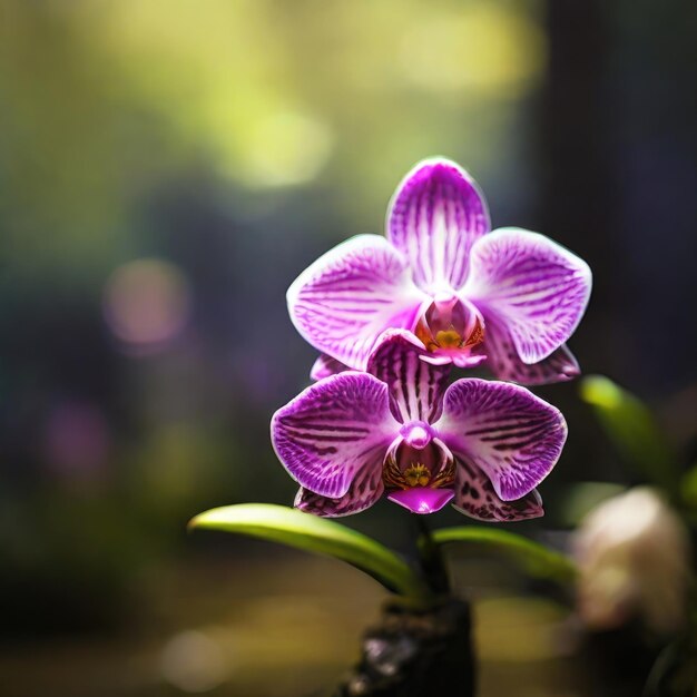 une orchidée violette avec un centre jaune et un fond vert