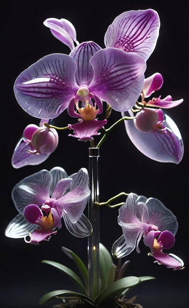 une orchidée violette avec des fleurs violettes dans un vase en verre
