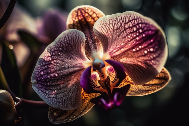 Une orchidée violette avec un fond sombre