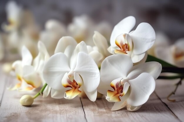 Orchidées blanches sur une table en bois