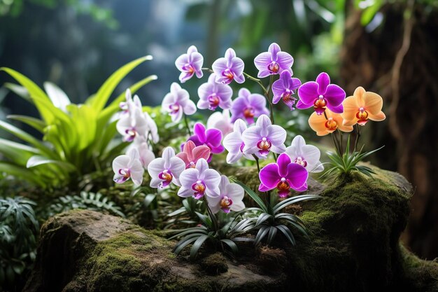 Des orchidées dans un cadre d'impression botanique vintage ajoutant une touche de nostalgie à la décoration