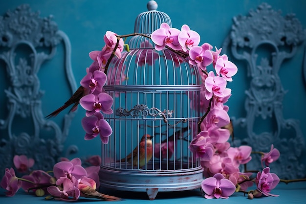 Photo des orchidées dans une cage d'oiseaux pour une exposition inattendue et capricieuse