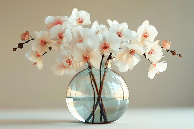 Photo des orchidées élégantes dans un vase de verre transparent sur un fond neutre