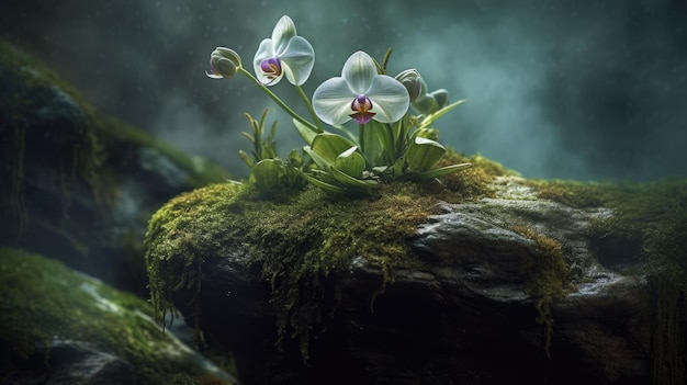 Orchidées sur un rocher avec de la mousse verte et un ciel bleu en arrière-plan