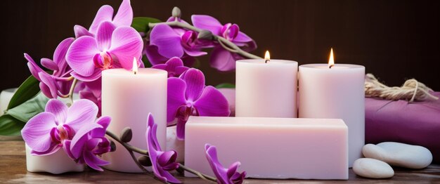 des orchidées roses des bougies de savon blanc sur une table