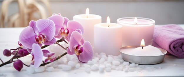 Photo des orchidées roses des bougies de savon blanc sur une table