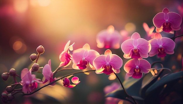 Orchidées roses dans le jardin avec le soleil qui brille dessus