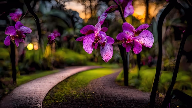 Orchidées violettes dans un jardin avec un chemin et des arbres en arrière-plan