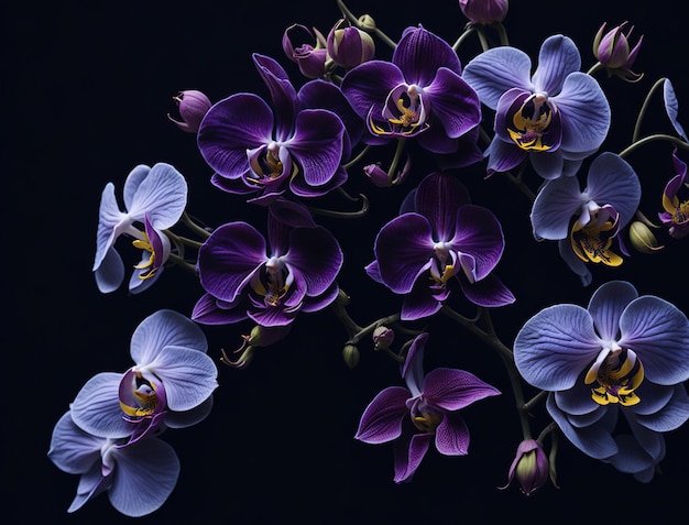 Orchidées violettes à fleurs jaunes et violettes sur fond noir