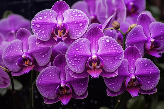 orchidées violettes avec des gouttes d'eau dessus.