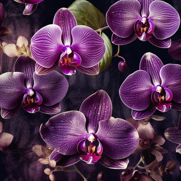 Les orchidées violettes sont disposées en cercle sur un fond noir.