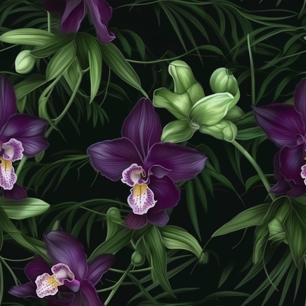 Orchidées violettes et vertes sur fond noir.