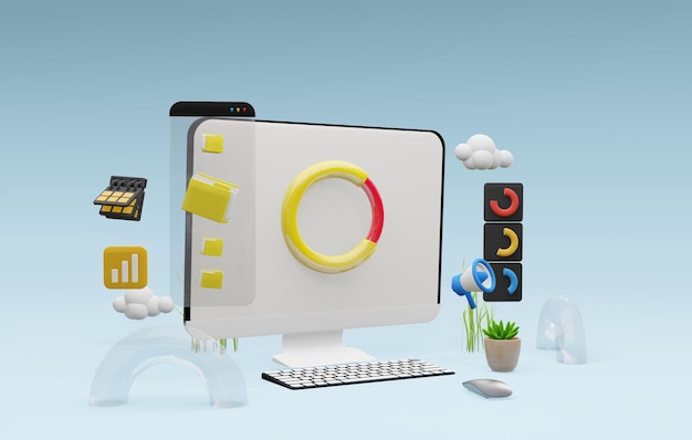 Ordinateur 3D avec analyse de données, web seo ai et écran blanc