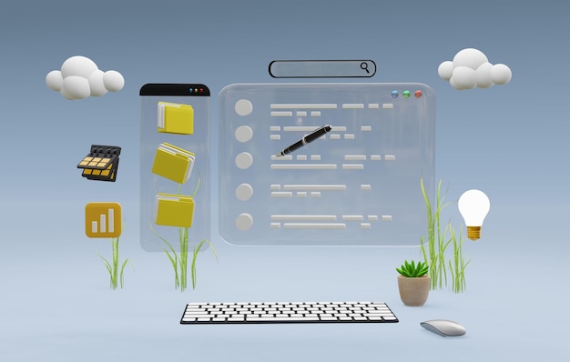Ordinateur 3D avec analyse de données, web seo ai et écran blanc