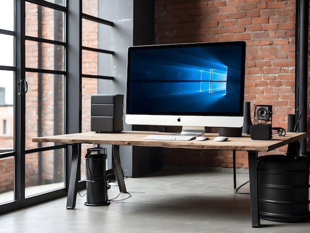 Photo ordinateur allinone avec un écran blanc à l'avant dans l'intérieur d'un bureau de loft industriel