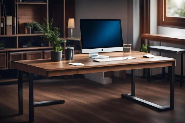 Un ordinateur Apple est assis sur une table en bois dans un bureau à domicile.