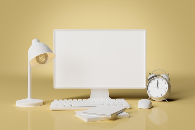 ordinateur de bureau blanc avec lampe réveil et livres fond jaune concept de travail à la maison