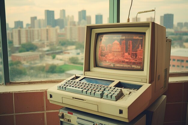 Ordinateur de bureau sur un bureau avec une vue sur la ville vintage 00