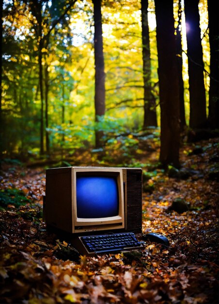 Photo un ordinateur de bureau macintosh rétro abandonné dans les bois. une photo d'éclairage spectaculaire sur leica dark aest.