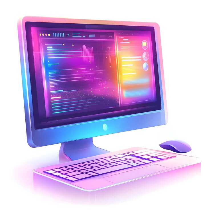 Photo l'ordinateur de bureau plat avec des éléments d'interface holographiques copie l'espace sur le concept de côté comme a côté a