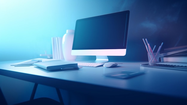 Un ordinateur sur un bureau avec un verre d'eau en arrière-plan