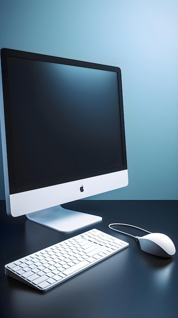 Photo ordinateur avec clavier et souris sur fond bleu illustration 3d