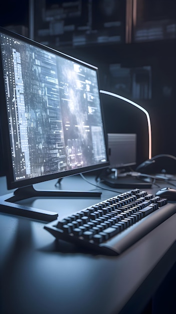 Photo ordinateur dans une pièce sombre avec moniteur et clavier de rendu 3d