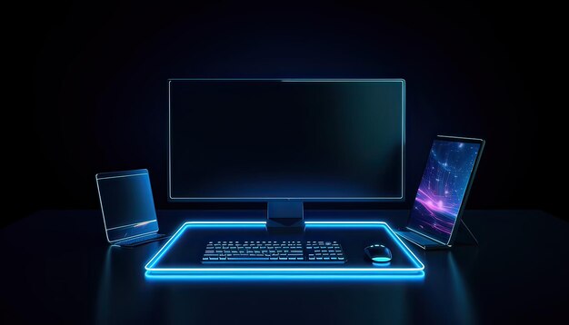 Un ordinateur avec un écran néon bleu sur lequel est écrit "jeux"