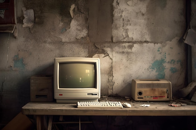 Un ordinateur est sur une table avec un clavier et une radio.