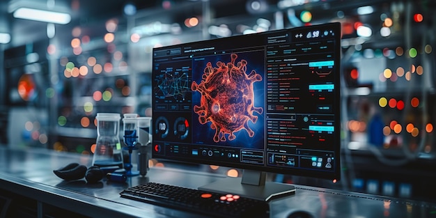 Photo l'ordinateur moderne analyse les données de l'adn, le transfert de gènes et la thérapie génique du traitement des maladies.