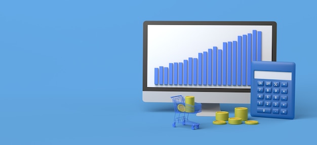 Ordinateur avec panier et calculatrice de pièces de monnaie Illustration 3D du marché boursier Espace de copie
