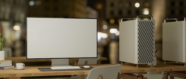 Ordinateur pc moderne avec maquette d'écran blanc sur une table en bois dans un studio de bureau le rendu 3d de nuit