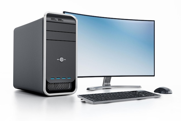 Ordinateur personnel PC de bureau moderne avec écran LED ultra HD incurvé isolé sur blanc