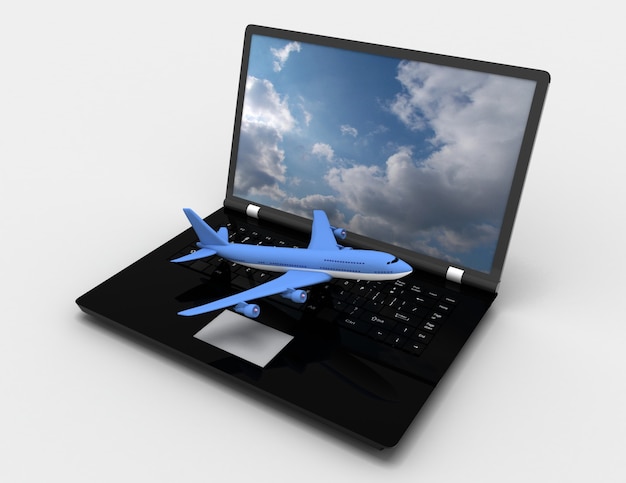 Ordinateur portable 3D et avion. illustration rendue 3d